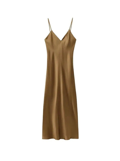 Women's Satin Midi Dress, V Neck, Thin Straps, Backless, Female Dresses, Sexy Fashion