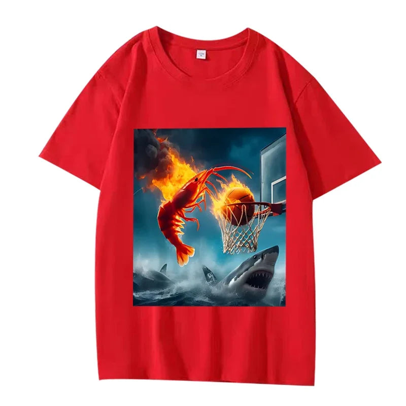 Shrimp Dunking on Shark Graphic Tee Retro Fishing Meme TShirt Women Short Sleeve Summer Tops Aesthetic Clothes Summer Streetwear