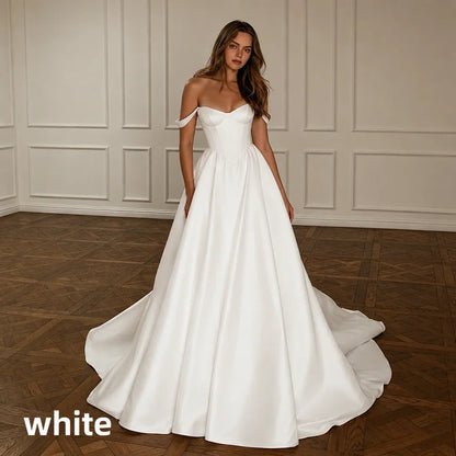 Off Shoulder Sweetheart Satin A-Line Wedding Dress Corset Bodice Chapel Train Elegant Simple Bridal Gown For Women Wedding Party