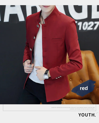 2024 Men's Slim Fit Long Sleeve Casual Suit Korean Trend Stand Collar Fashion Handsome Male Suit