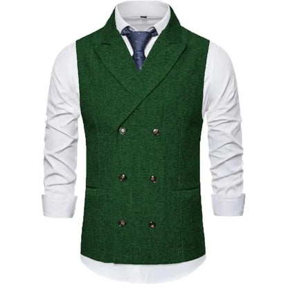 Men Vest Brown Herringbone Double Breasted Buckle Solid Business Casual Waistcoat Regular Slim Banquet Men Suit Vest