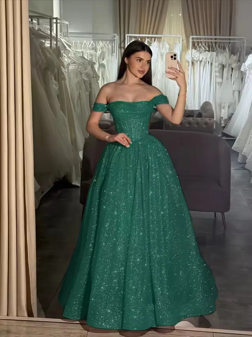 Customized Moden Prom Dress 2026 Glitter Tulle Off the Shoulder Wedding Party Dress Boat-neck A-line Floor-Length Evening Gowns