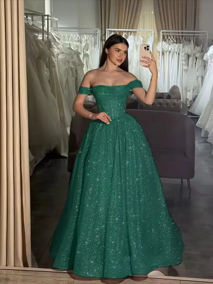 Customized Moden Prom Dress 2026 Glitter Tulle Off the Shoulder Wedding Party Dress Boat-neck A-line Floor-Length Evening Gowns