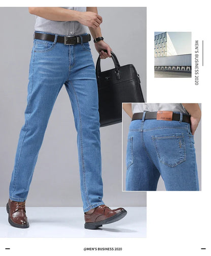 2025 New Light Blue Men's Comfort Soft Jeans Fashion Straight Business Pants Cotton Soft Casual Stretch Denim Trousers 28-40