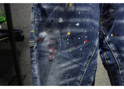 Street Fashion Men Jeans Retro Blue Stretch Slim Fit Spliced Ripped Jeans Men Painted Designer Hip Hop Vintage Denim Pants Homme