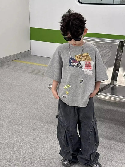 2026 Summer New Vintage Korean Boys T-Shirt Crew Neck Kids Tweens Casual Stylish Breathable Cotton Top