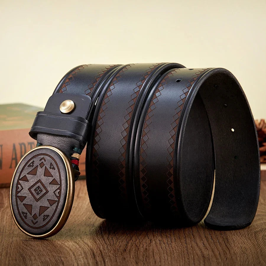 Real Genuine Leather High Quality Brass Buckle Jeans Casual Belt Extra Thick Cowhide Designer Laser Engraved Pattern Men's Belt