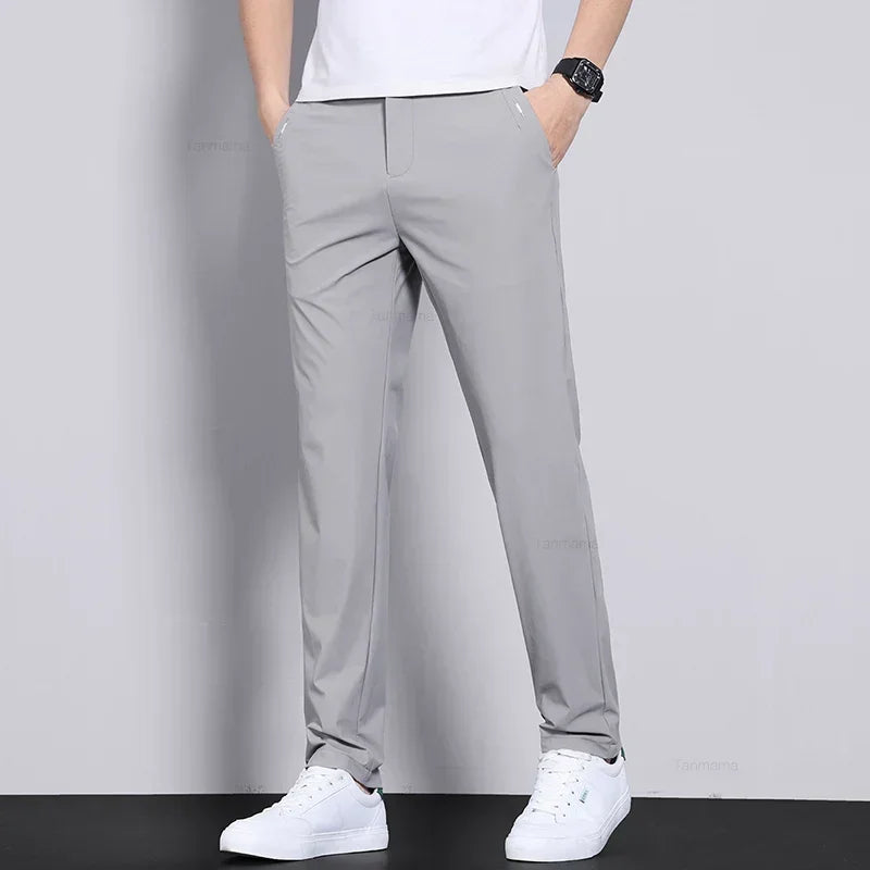 High Elastic Ice Silk Casual Pants Men's Spring Summer Ultra-thin Quick Drying Soft Breathable Business Straight Gray Trousers
