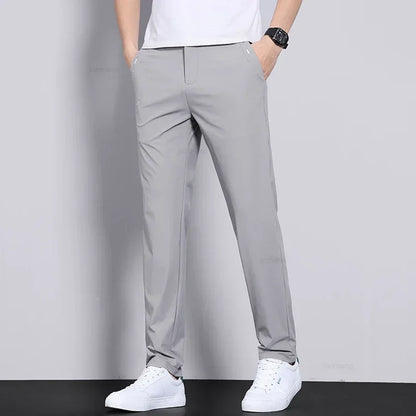 High Elastic Ice Silk Casual Pants Men's Spring Summer Ultra-thin Quick Drying Soft Breathable Business Straight Gray Trousers