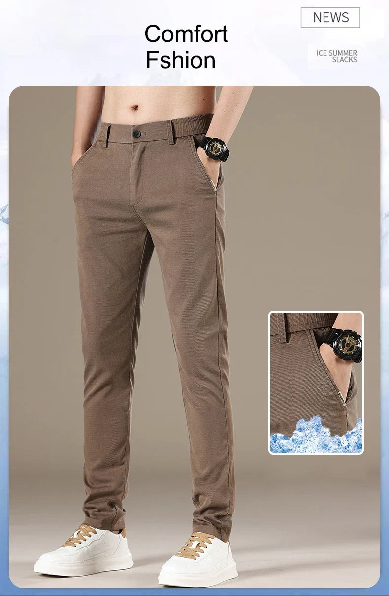 New Spring Summer Lyocell Fabric Mens Casual Pants Hight Quality Fashion Slim Business Trousers Brand Elastic Soft Pants