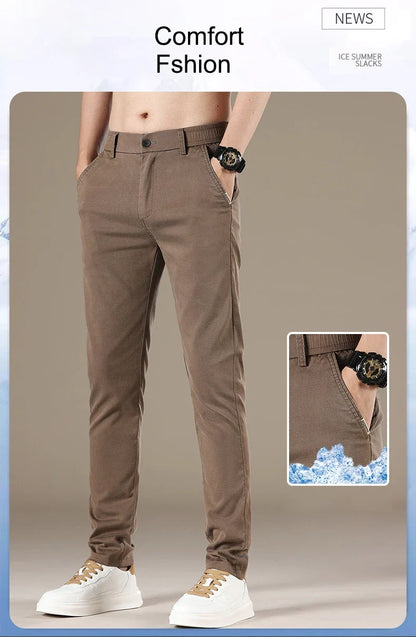 New Spring Summer Lyocell Fabric Mens Casual Pants Hight Quality Fashion Slim Business Trousers Brand Elastic Soft Pants