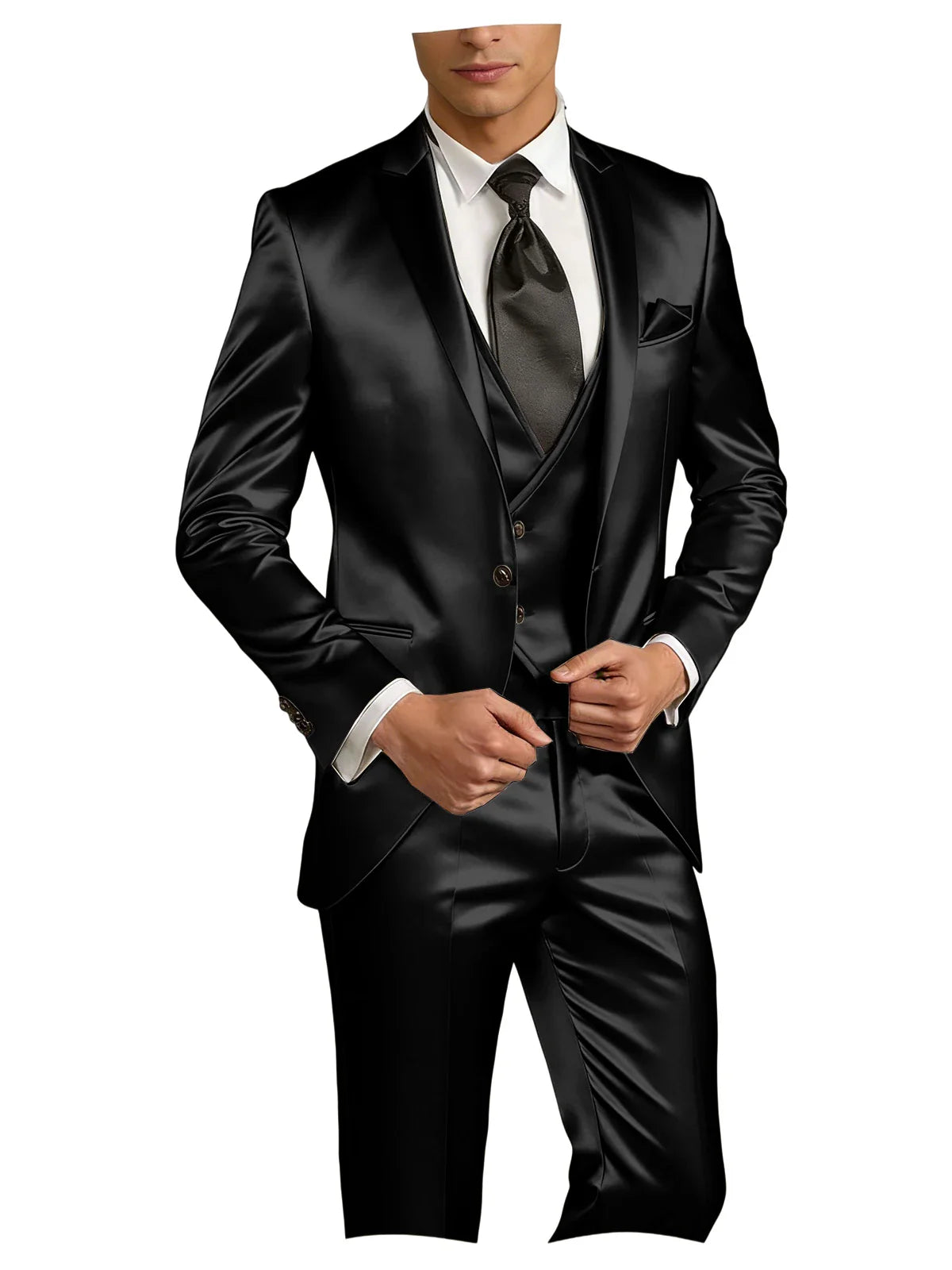 Luxury Men's Satin Suit 3 Piece Set Notch Lapel Slim Fit 1 Button Blazer Vest Pants for Formal Groom Groomsmen Prom Party