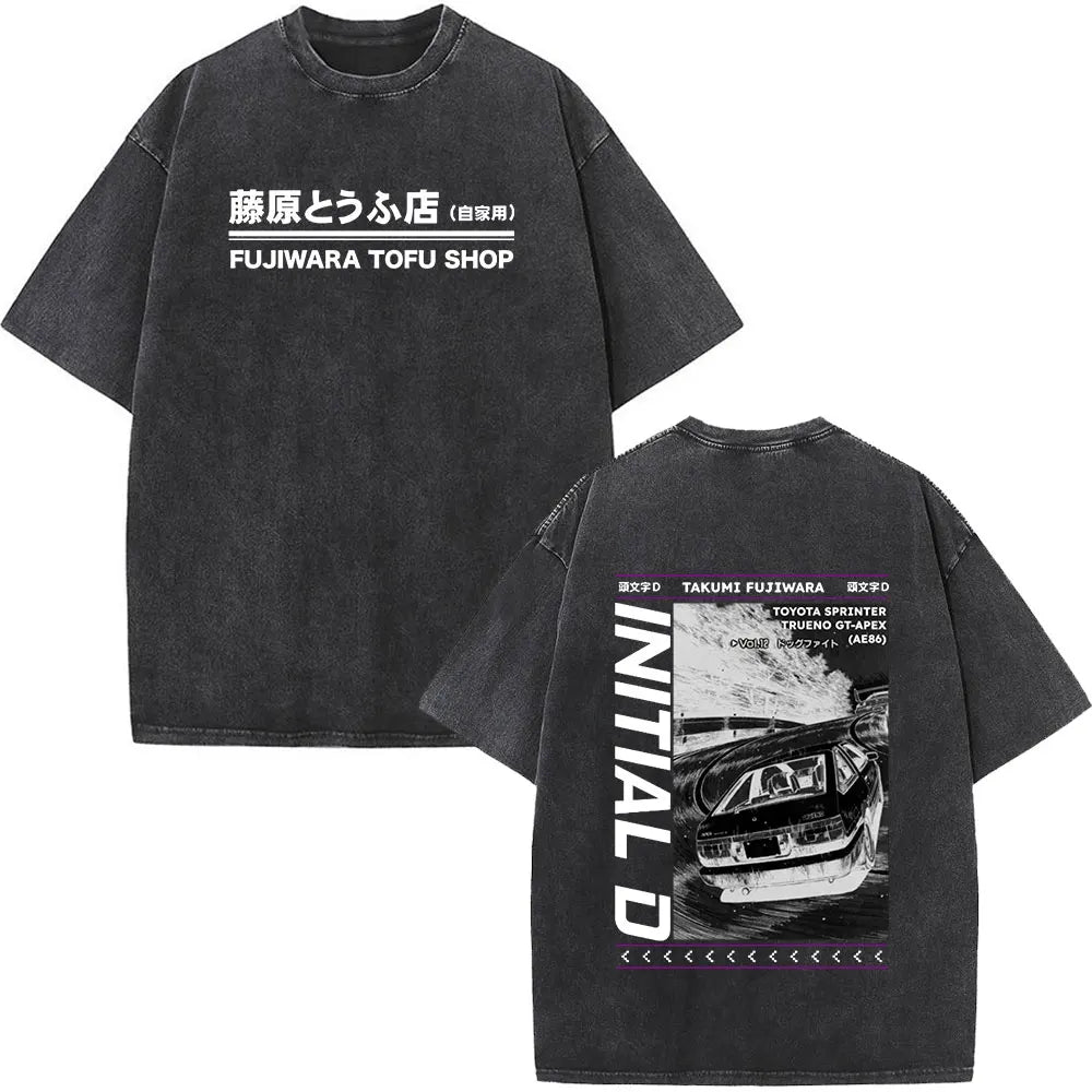 Anime Initial D Drift AE86 Washed Vintage Print T-shirt RX-7 R34 Skyline GTR JDM T-shirts Men's Harajuku Cozy Oversized T Shirts