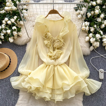 3D Floral Beach Short Dress Female Long Sleeves Lace Up Ruffle Chiffon Cake Sundress Sheer Sexy Vintage Bohemian Dress