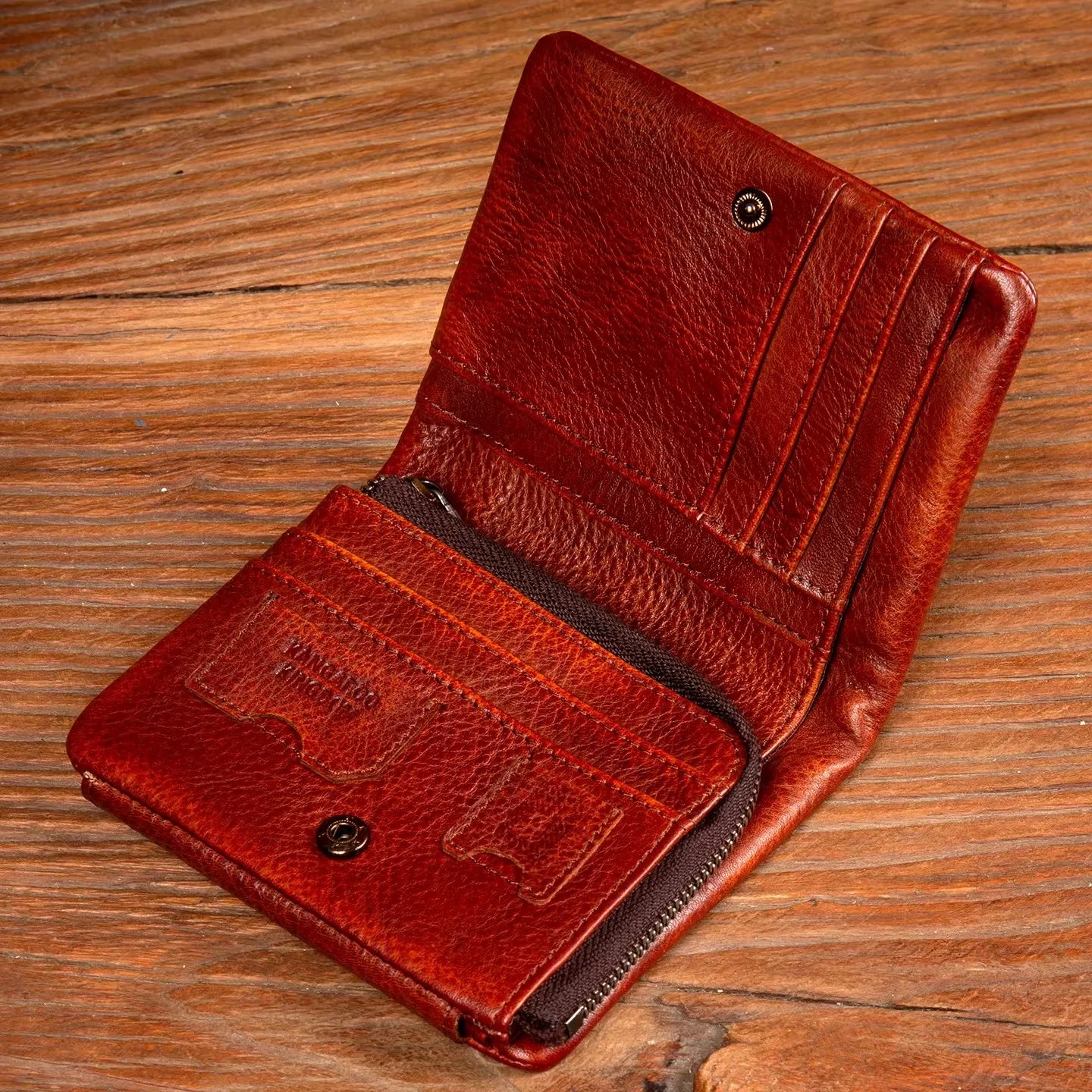 Men's Hand-Rubbed Genuine Leather Short Wallet Top-Grain Vegetable-Tanned Zipper Wallet with Driver's License Card Holder