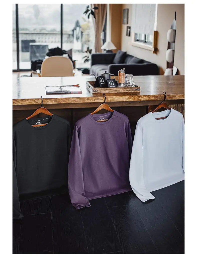 Casual 7A Anti-Bacterial Quick-Dry Long Sleeve T-Shirt Men's Spring Cool Comfort Breathable Tops Round Neck Layering Tee