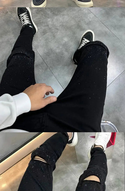 Korean Luxury Clothing Hot Diamonds Cowboy Pants Men 2025 Black Men's Slim HOLE Jeans Spring Autumn Denim Distressed Trousers