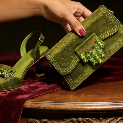 Elegant Green Rhinestone Slingback Heels & Matching Handbag Set by Venus Chan 2026 – Stylish Pointed Toe Design for Women