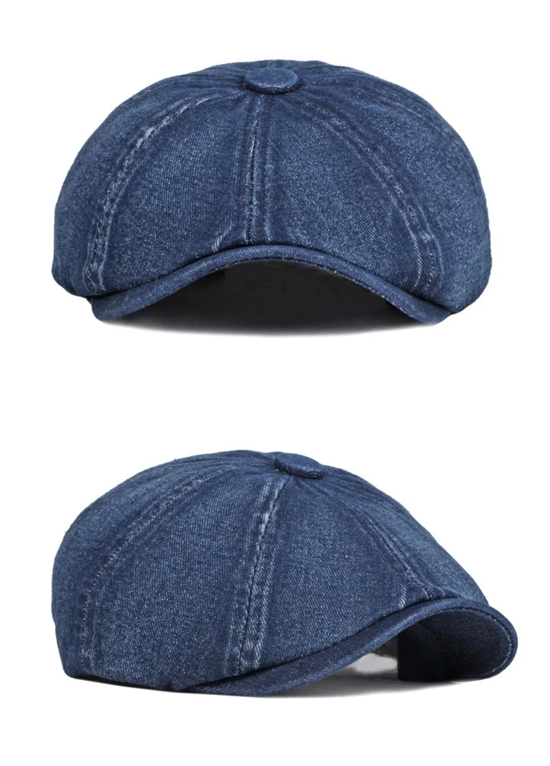 Men's Octagonal Hat Casual Solid Eight-blade Berets Washed Denim Newsboy Cap Women Painters Hat Peaked Herringbone Flat Cap