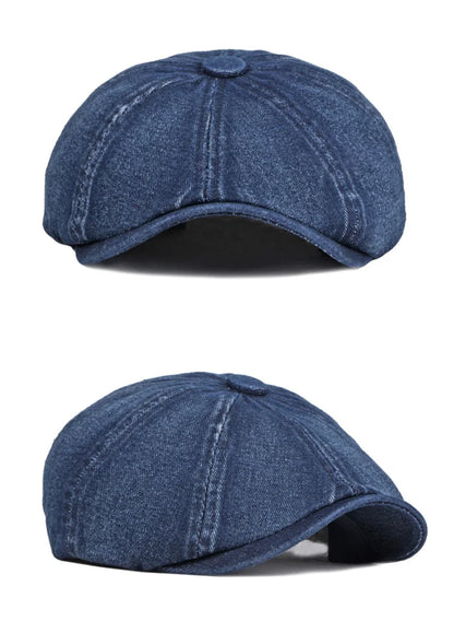 Men's Octagonal Hat Casual Solid Eight-blade Berets Washed Denim Newsboy Cap Women Painters Hat Peaked Herringbone Flat Cap