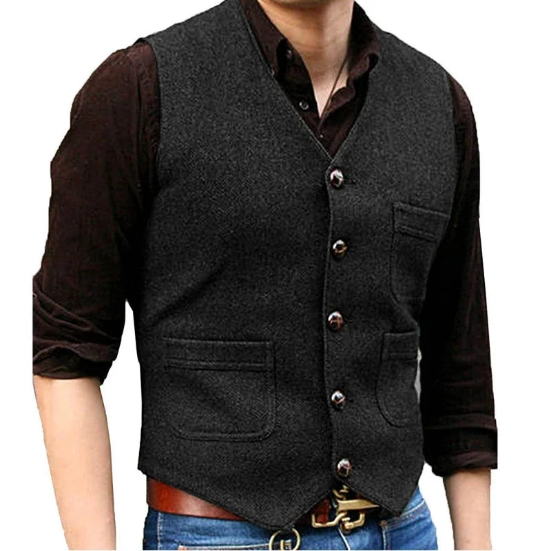 Men Vest Dark Green Herringbone Single Button V Neck With Pocket Waistcoat For Wedding Banquet Business Casual Work Men Suit