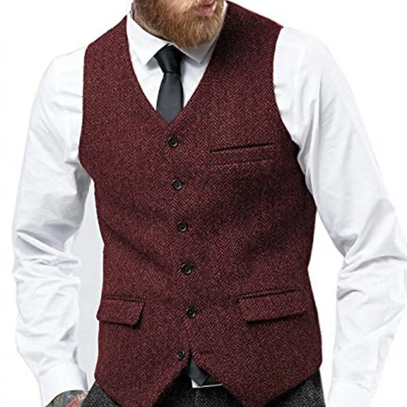 Herringbone Vest for Men Wool Tweed Waistcoat for Groom Groomsman Formal Single Breasted Males Plus Size Dress Suit Vest