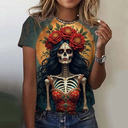 Women's T-shirt for Girls Short Sleeve Casual Sexy Girls Clothes Summer Day of the Dead Undead Skull Pattern oversized T-shirts