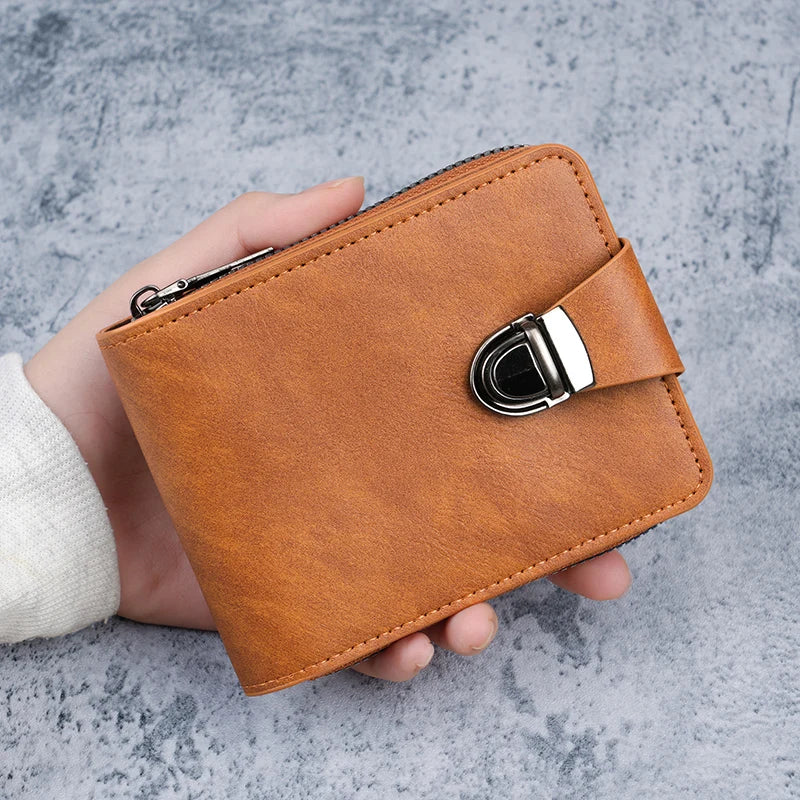 New Men's Short Wallet Retro Lock Business Large Capacity Multi-Card Slot Money Clip Change Purse Zipper Coin Pouch