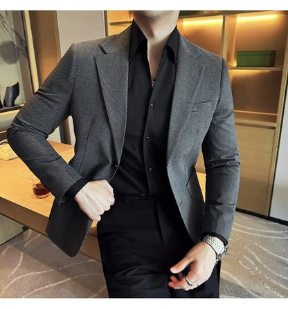 Korean Vintage Elegant Men's Business Slim Fit Suit Jacket 2026 New Fashion Lapel Single Breasted Men Social Party Dress Coats