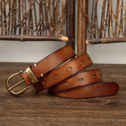 2.3CM Pure Cowhide High Quality Genuine Leather Belts for Women Copper Buckle Fancy Vintage Ladies Thin Belt Jeans Cowboy Cintos