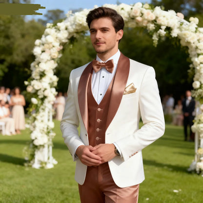 Customized Men's 3 Piece Tuxedo With Scarf Lapel Smoking Suit Wedding Groomsmen Formal Party Blazer Terno Masculino
