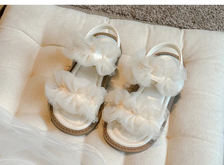 Sweet Princess Shoes Girl Tulle Lace Butterfly-knot Chic Summer Wedding Party Shoes Sandals for Child Girls Holiday Shoes I11155