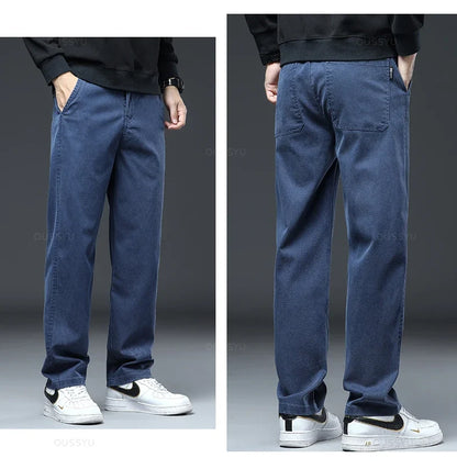 2025 New High Quality Soft Lyocell Fabric Jeans Men Elastic Waist Loose Straight Four Seasons Denim Trousers Male Plus Size 5XL