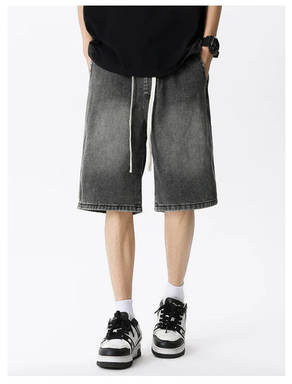Casual Denim Shorts Men Elastic Waist Straight Comfortable Light Blue Soft Short Pants Baggy Wide Bermuda Male Jeans