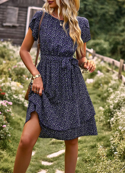 Summer O Neck Casual Printd Women Strap High Waist Pleated Floral Dress
