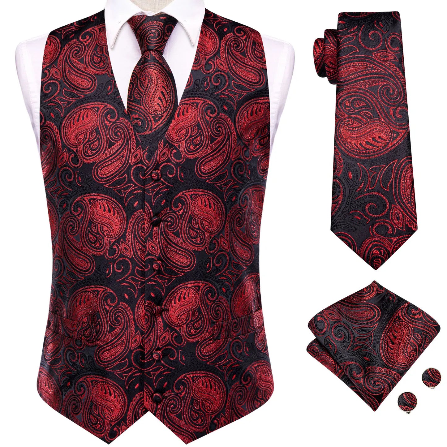 Formal Rose Pattern Paisley Plain Solid Mens Vest Party Wedding Waistcoat Pocket Square Tie  Hankie Suit Set