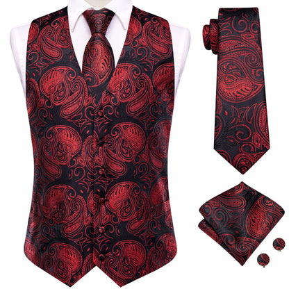 Formal Rose Pattern Paisley Plain Solid Mens Vest Party Wedding Waistcoat Pocket Square Tie  Hankie Suit Set