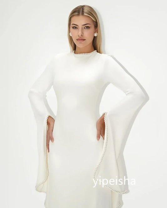 Customized Chinese Style Jersey Pearl A-line Scoop Neck Long Dresses Prom Dresses Classic Exquisite Modern Style Pastrol Unisex