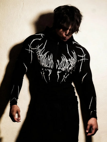 2026 Spring Summer New Men's Black Hooded Sports Compression Long Sleeve Shadow Style Street Subcultural Style