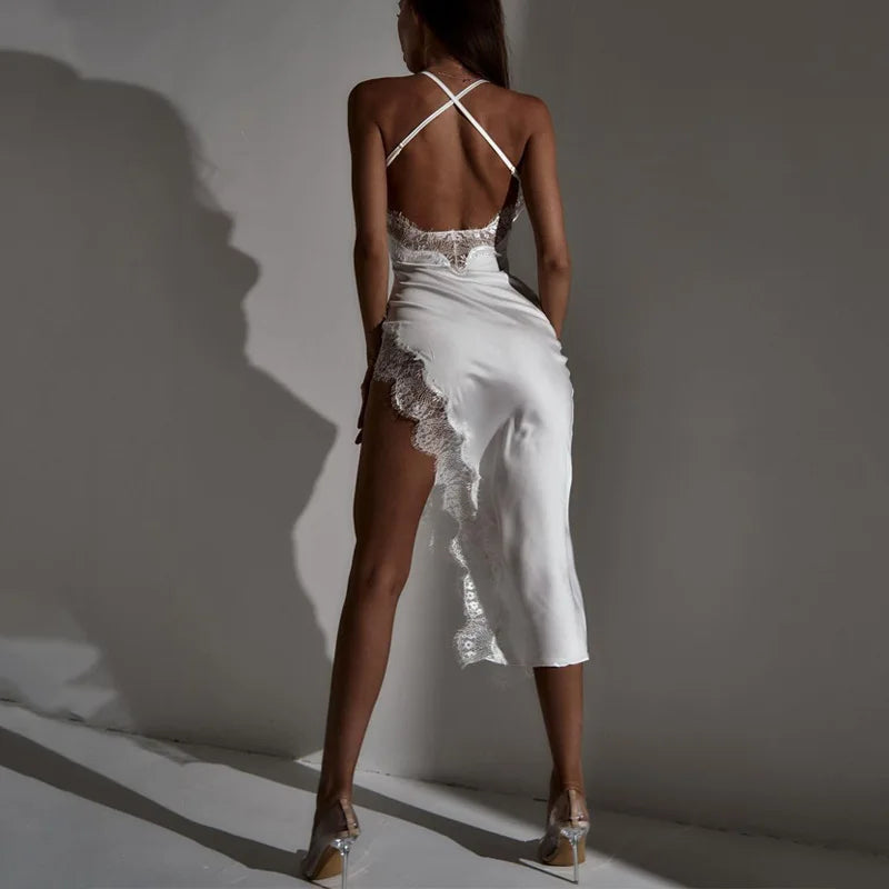Sexy Lace Party Club Backless Bodycon Stain Black Straps Midi Dress 2022 Summer Clothes Wholesale Items For Resale