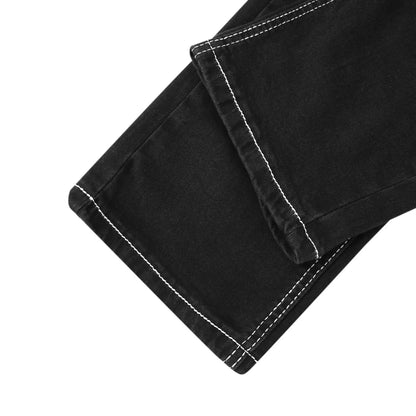 Vintage Men Jean Denim Pants Washed Pockets Mid Waist Zipper Fly Loose Fit Punk Style Distressed Ankle Length Straight Jeans