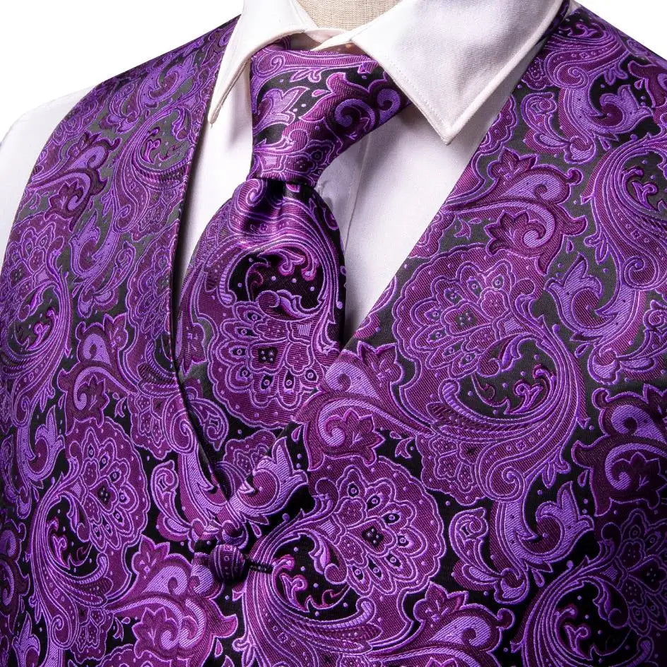 Purple Silk Mens Waistcoat Tie Set Sleeveless Jacket Suit Vest Necktie Hanky Cufflinks Wedding Business Oversized