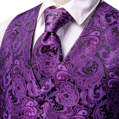 Purple Silk Mens Waistcoat Tie Set Sleeveless Jacket Suit Vest Necktie Hanky Cufflinks Wedding Business Oversized
