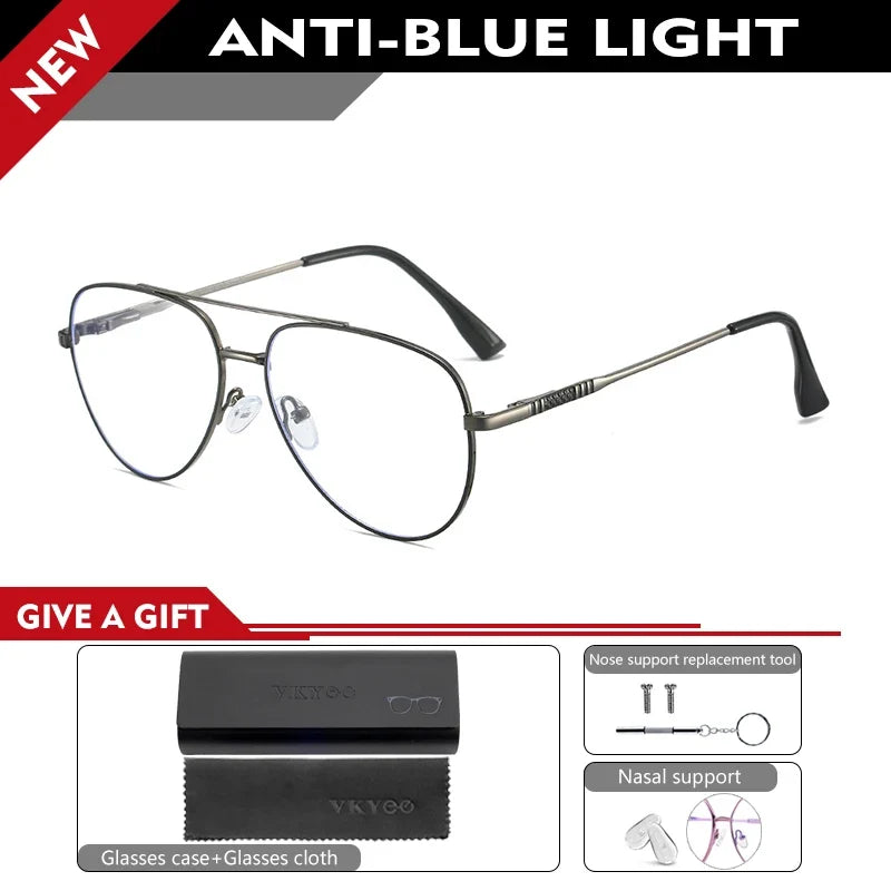 Double Bridge Anti-Blue Light Reading Glasses Men's Metal Pilot Style Leisure Travel Customized Prescription Myopia RS6912