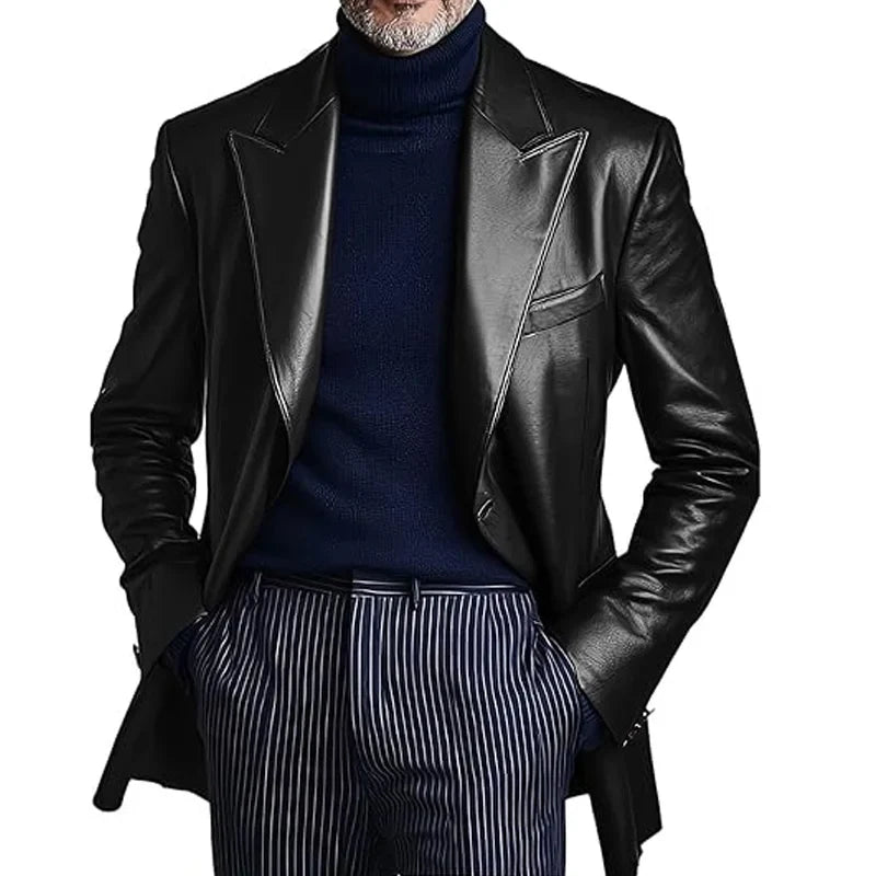 Men's Dress Leather Jacket Burgundy Luxury Slim Fit Notchde Lapel Flap Pocket Retro Soft Sport Coat For Business Casual