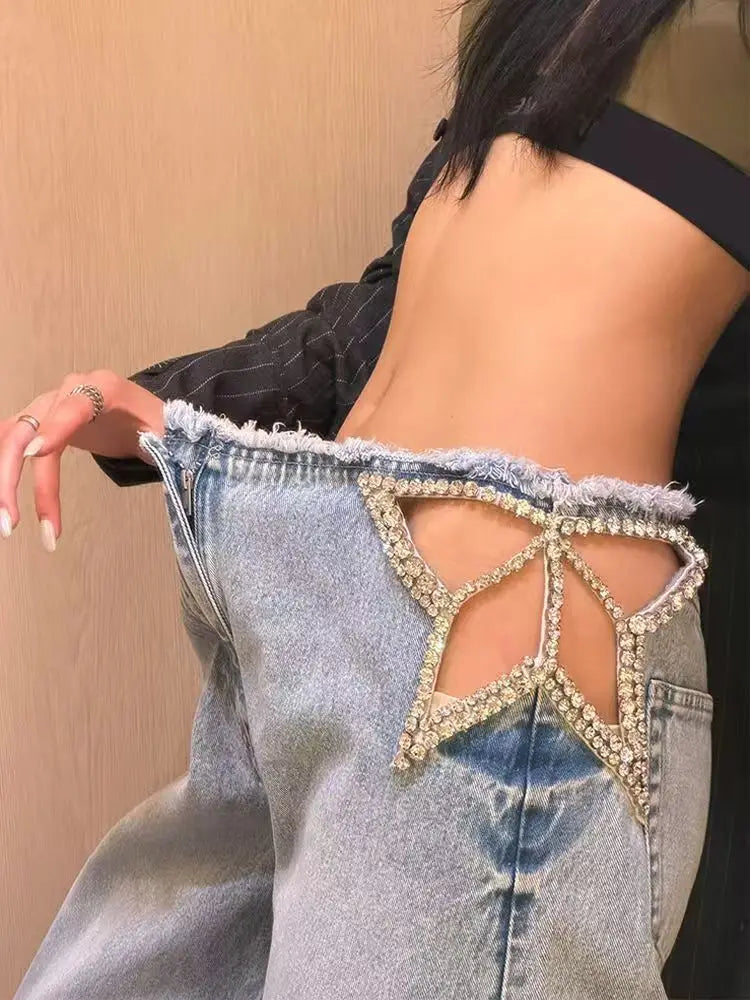 Y2K American Retro Star Cut-Out Embellished Women Blue High-Waisted Fashion Hip-Hop Streetwear Casual Loose Denim Jeans