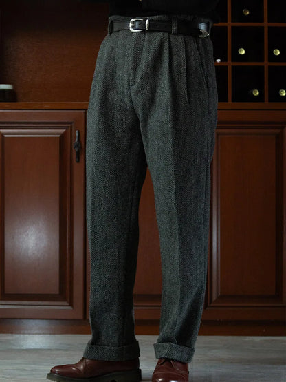 American Vintage Hollywood Waist Wool Tweed Casual Pants Hollywood Classic Loose Straight Leg Pants