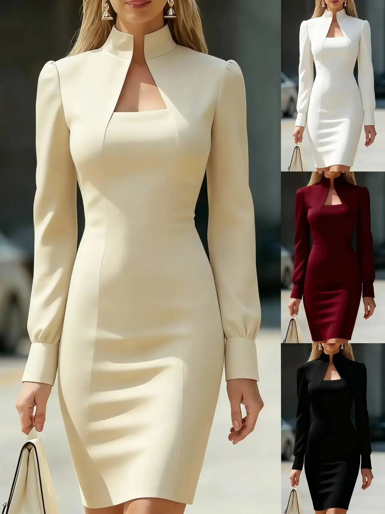 Elegant Long Sleeve Bodycon Dress Chic Fall/Winter Office & Party Midi Dress for Women