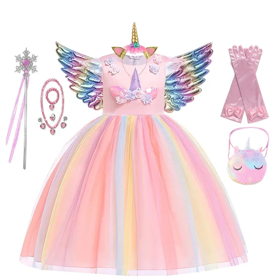 Kids Unicorn Dress for Girls Party Dresses Flower Appliques Ball Gown Little Girl Princess Costumes Summer Children Clothing