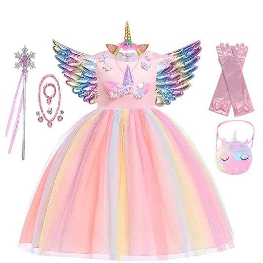 Kids Unicorn Dress for Girls Party Dresses Flower Appliques Ball Gown Little Girl Princess Costumes Summer Children Clothing